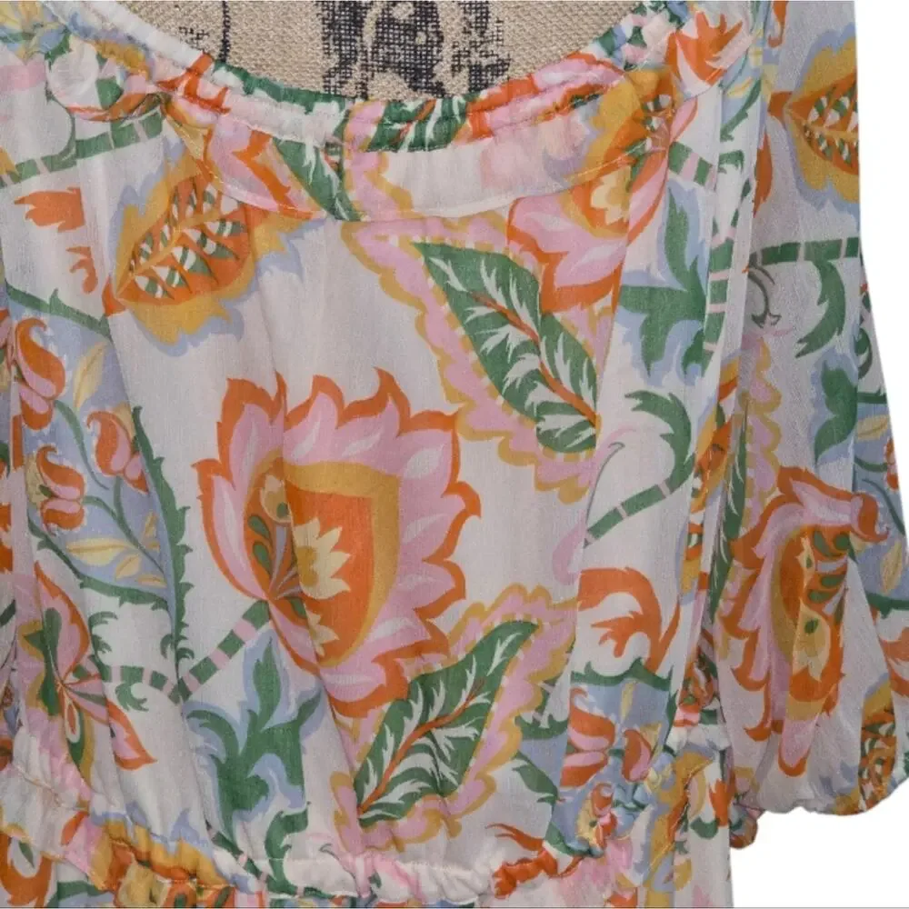 1. State Floral Cream & Orange Floral Boho Peasant Print Women's Midi Dress Plus